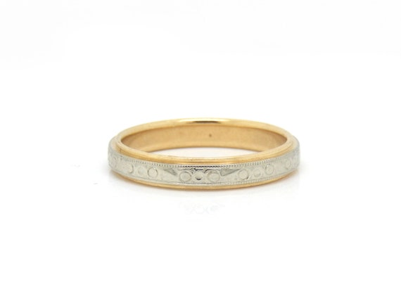 Thin Two Tone 14K Gold Vintage Band with Stamped … - image 3