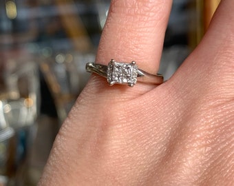 10K White Gold Princess Cut Four Diamond Ring Size 3.5