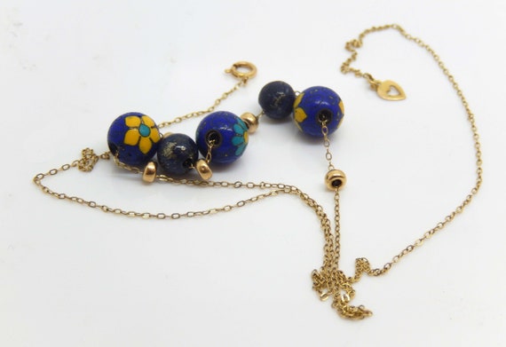 Vintage Yellow Gold Lapis Painted Bead Necklace -… - image 1