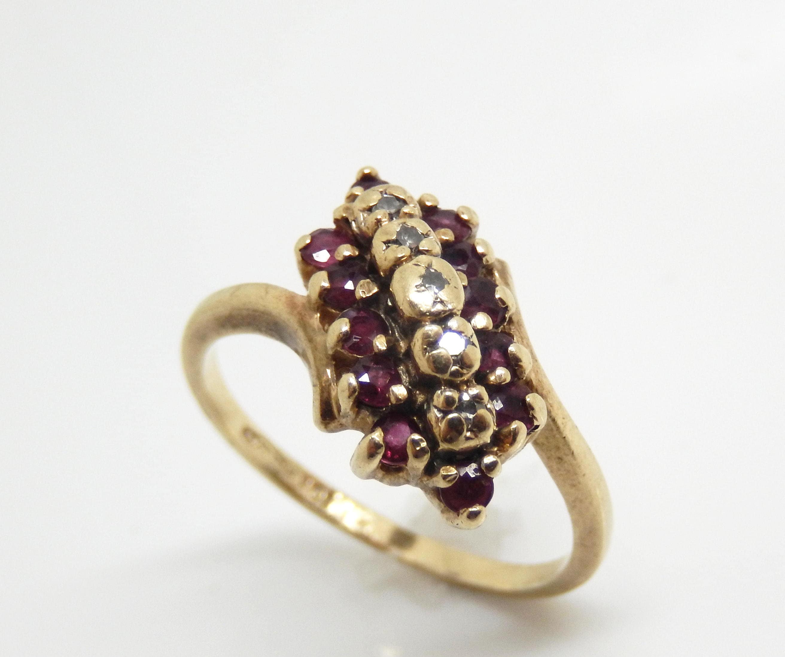 Vintage 10K Yellow Gold Ruby Diamond Bypass Ring, Size 5 3/4