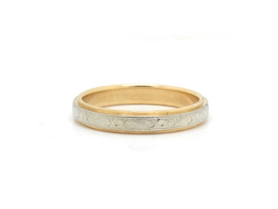 Thin Two Tone 14K Gold Vintage Band with Stamped … - image 2