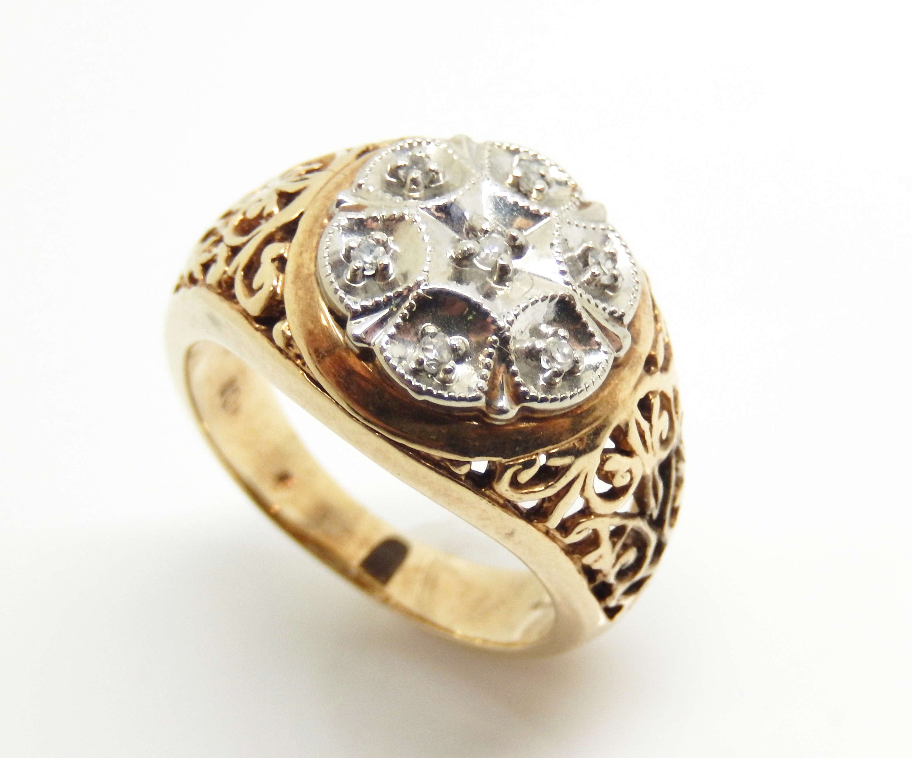 Vintage 10K Yellow Gold Diamond Filigreed Men's Ring, Size 10