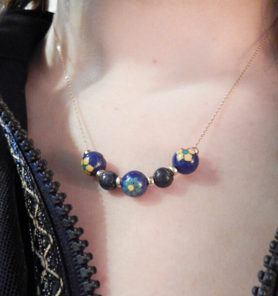 Vintage Yellow Gold Lapis Painted Bead Necklace -… - image 7