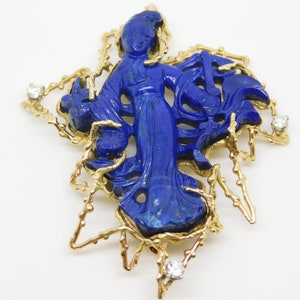 14K Yellow Gold Free Form Brooch With Lapis Lazuli Carved Guanyin Bodhisattva, Goddess Of Compassion And Diamonds X8429