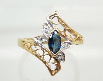 Vintage 14K Yellow Gold Sapphire Diamond Statement Ring, Size 6 - X9497
