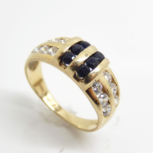 Vintage Italian 14K Yellow Gold Sapphire Diamond Statement Band, Size 5 - X8506