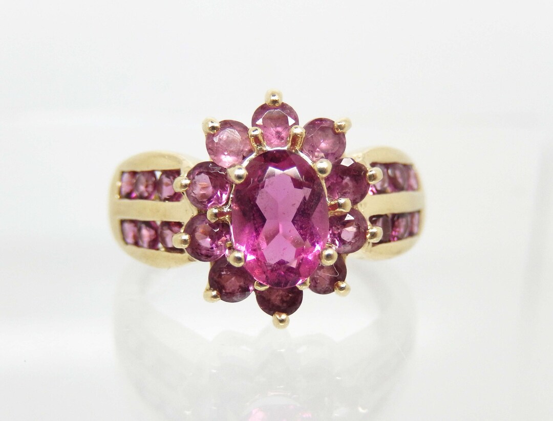 Raspberry Colored Rings Vintage 14K Yellow Gold Raspberry Pink Tourmaline Cluster Ring Size 6 ...