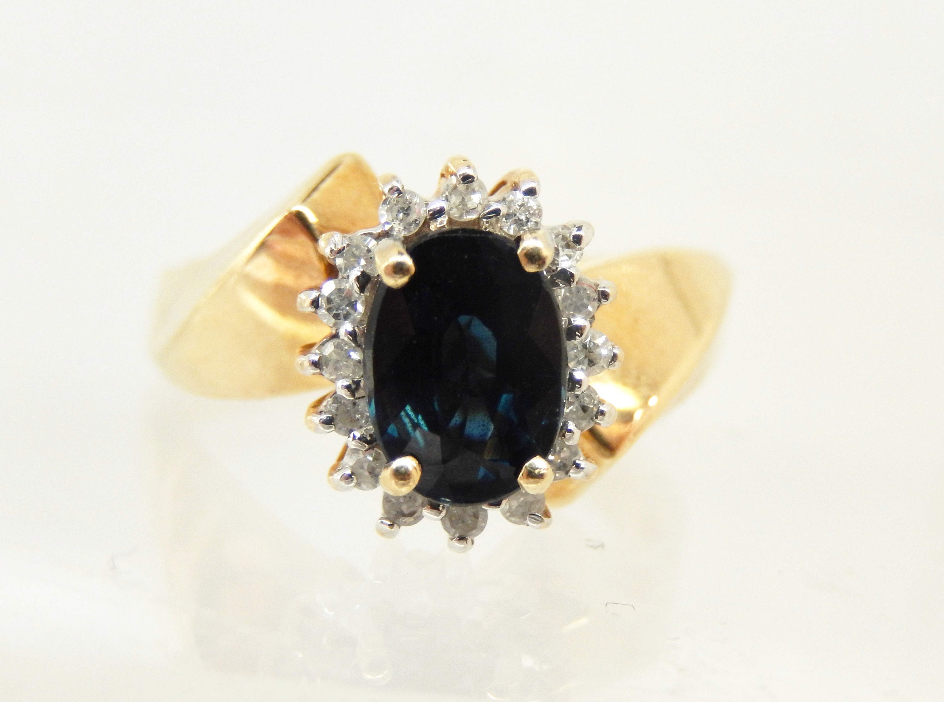 Vintage 14K Yellow Gold Diamond Halo Sapphire Bypass Ring Size 5.75 - X7931