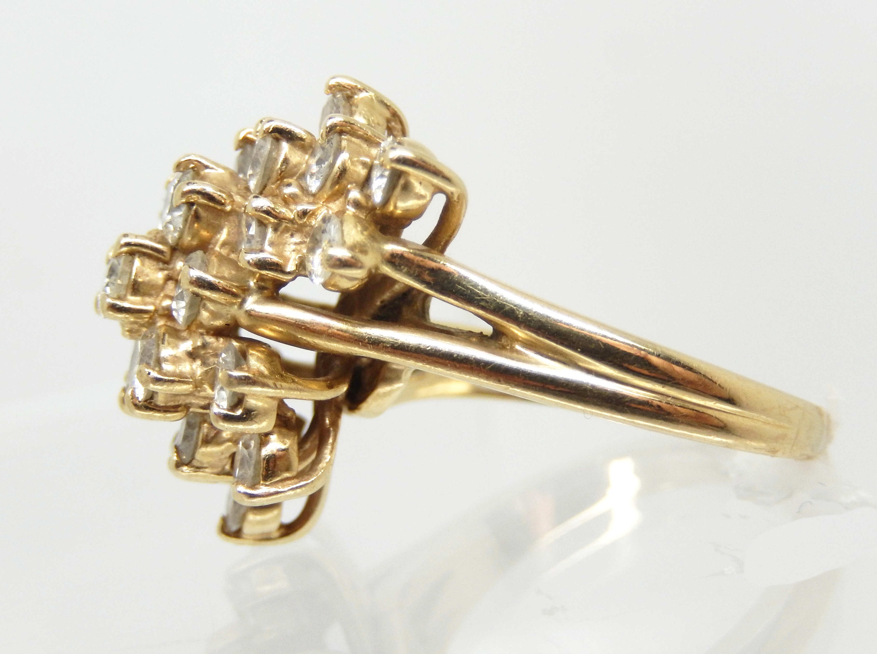 Vintage 14K Yellow Gold Huge Diamond Cluster Statement Ring