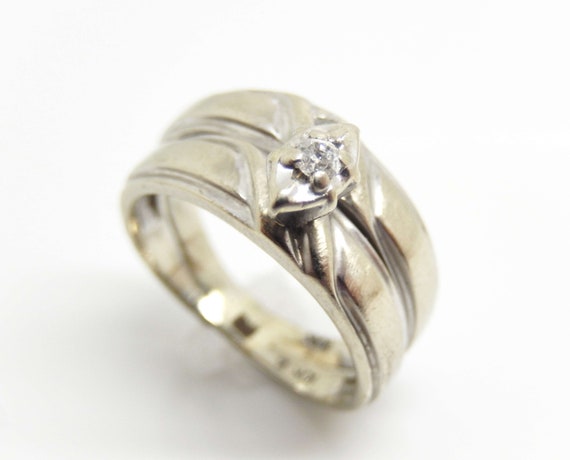 Estate 10K White Gold Diamond Bridal Set Size 5 -… - image 2