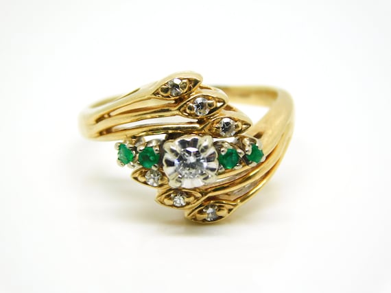 14K Yellow Gold Ring With Diamonds And Emeralds S… - image 1