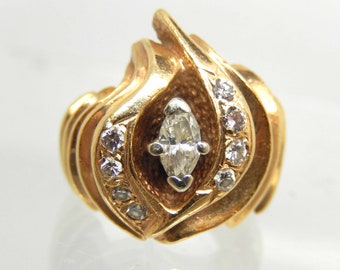 Heavy Vintage 14K Yellow Gold Marquise Diamond Statement Pinky Ring Size 3.25 - X5895