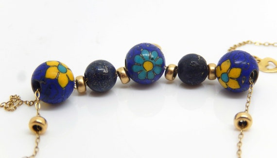 Vintage Yellow Gold Lapis Painted Bead Necklace -… - image 2