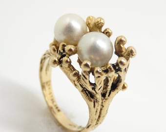 Vintage 14K Yellow Gold Double Pearl Statement Ring Size 5.5 - X8065