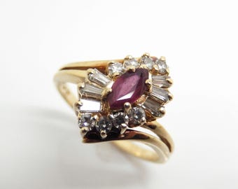 Vintage 14K Yellow Gold Marquise Ruby Diamond Baguette Statement Ring, Size 6 - X9227