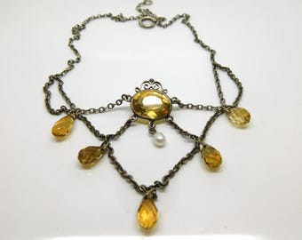 Sterling Silver Festoon Necklace With Citrine And Pearl 16.75" - X8967