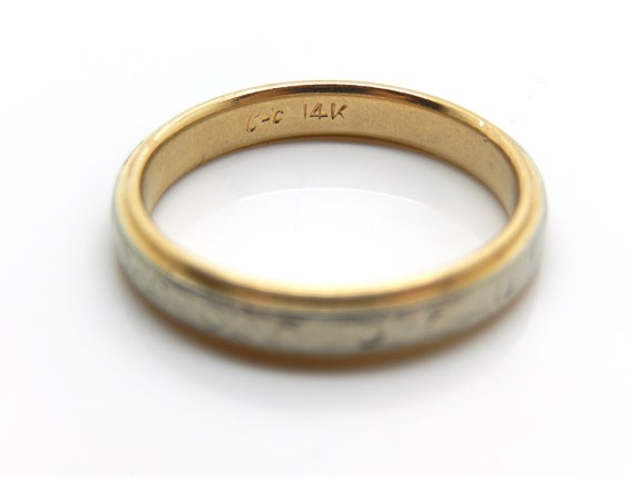 Thin Two Tone 14K Gold Vintage Band with Stamped … - image 5