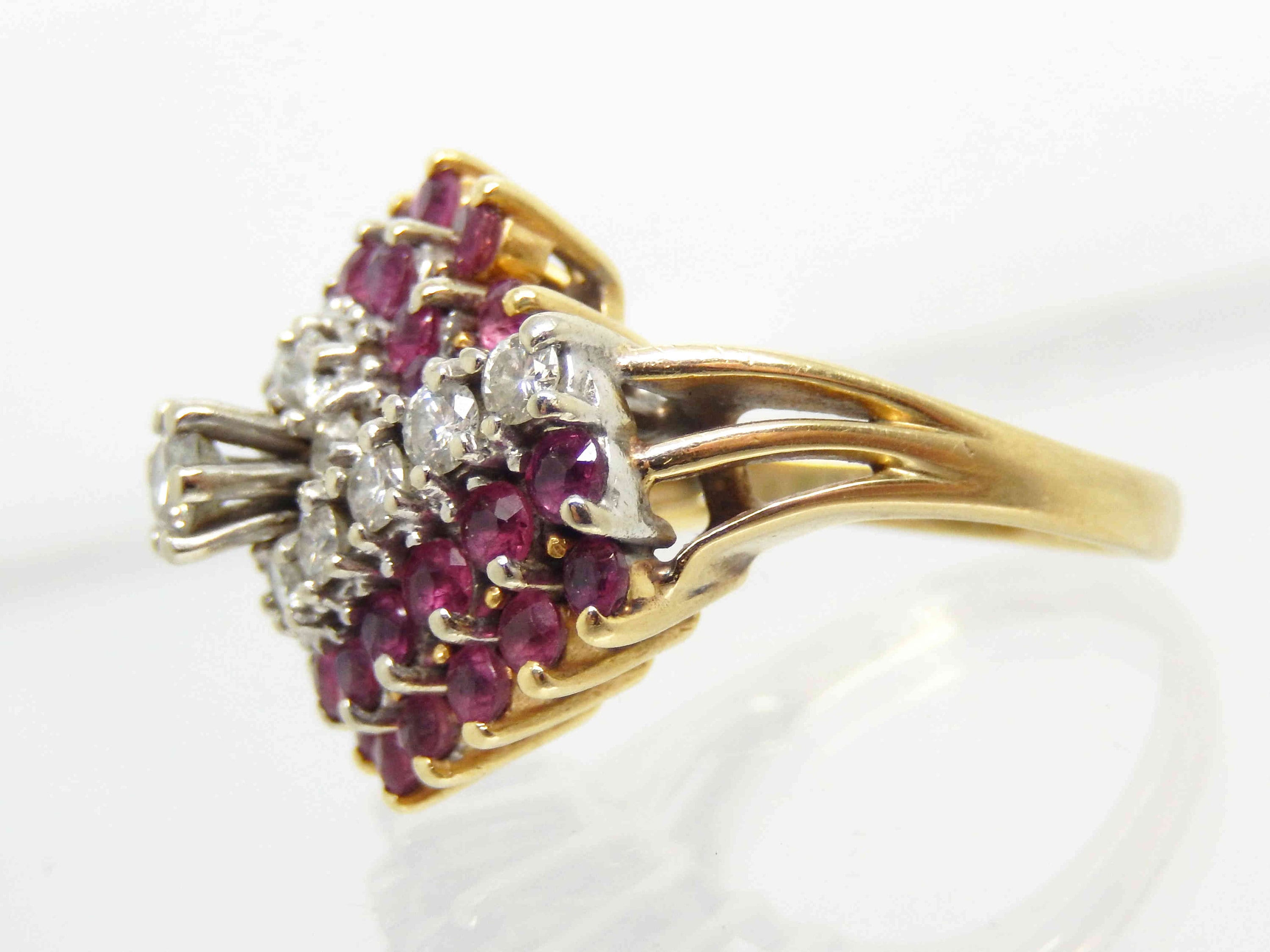 Vintage 14K Yellow Gold Ruby Diamond Swirl Ring With Appraisal Size 6. ...