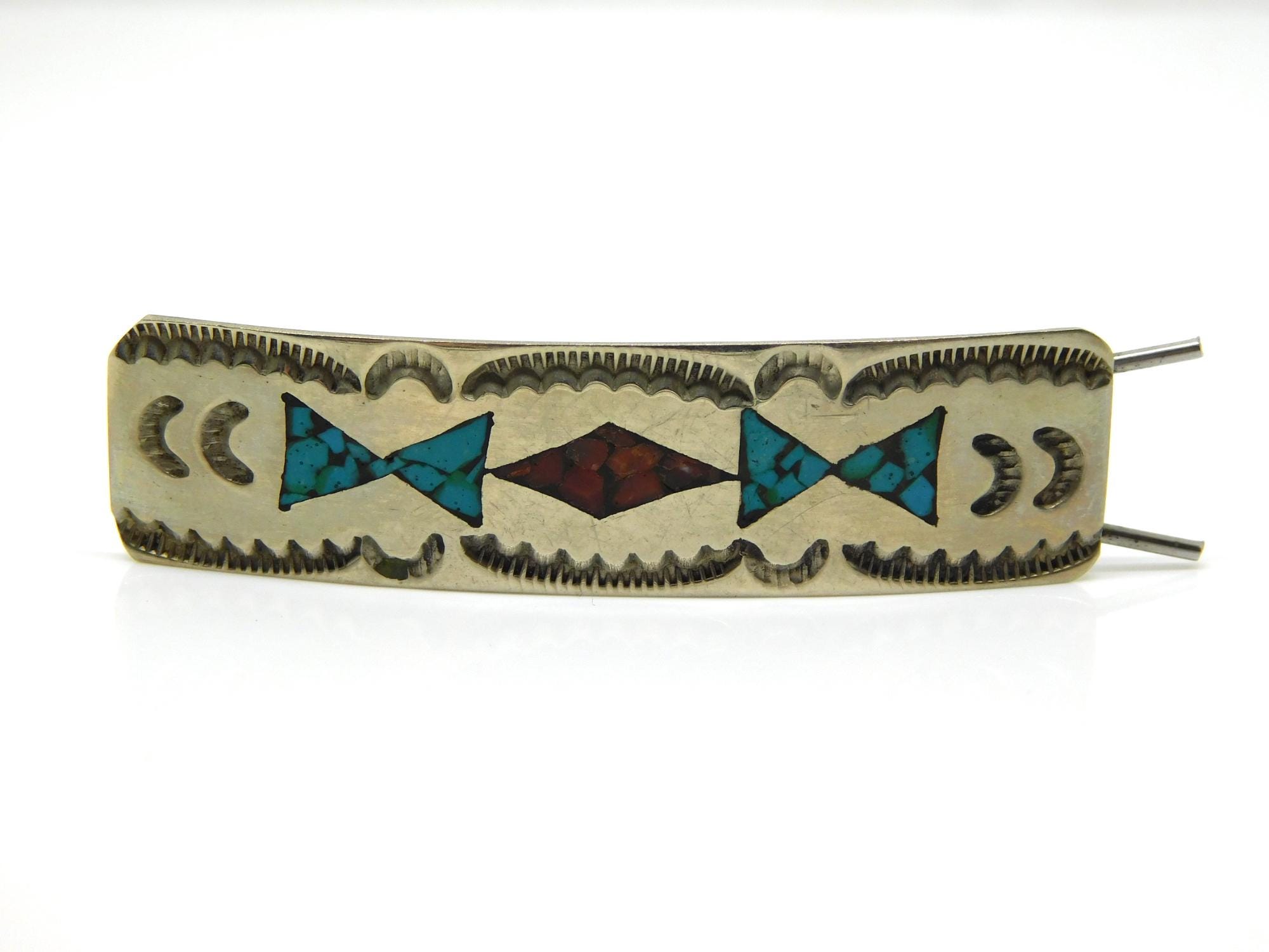 Vintage Sterling Silver Navajo Turquoise and Coral Hair  display picture 1