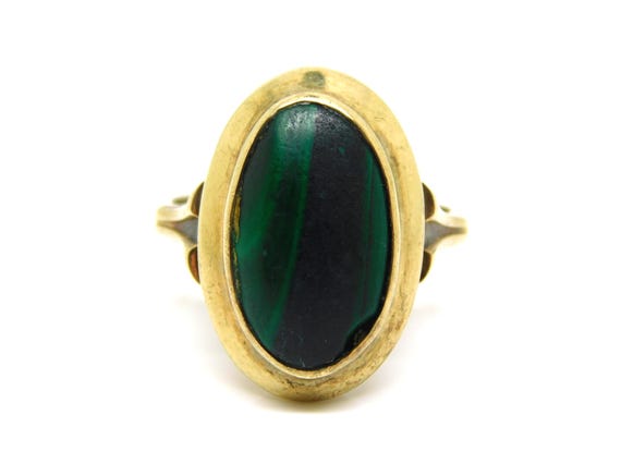 Antique Edwardian 9K Yellow Gold Malachite Ring Size 8 - X9343
