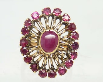 Vintage 18K Yellow Gold Ruby Cluster Statement Ring Size 5.75 - X5890