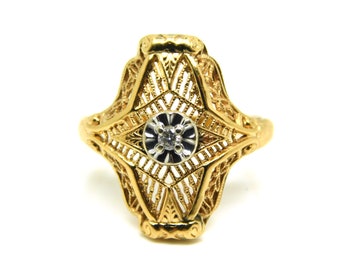 14K Yellow Gold Art Nouveau Ring With Center Diamond Size 6.75 - X8038