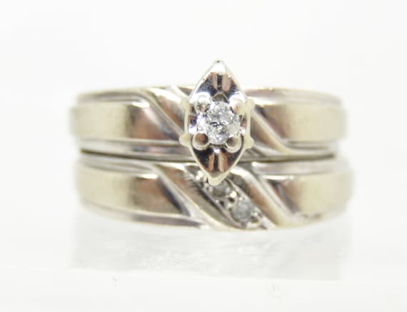 Estate 10K White Gold Diamond Bridal Set Size 5 -… - image 1