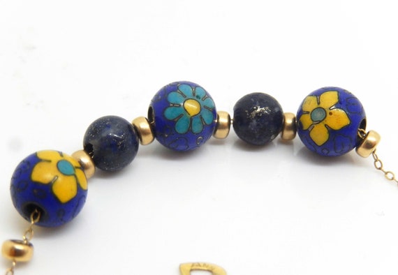 Vintage Yellow Gold Lapis Painted Bead Necklace -… - image 4