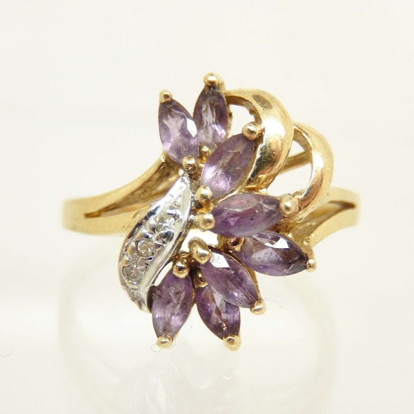 Vintage 10K Yellow Gold Marquise Amethyst and Diamond Ring, Size 6 1/4 - X8849