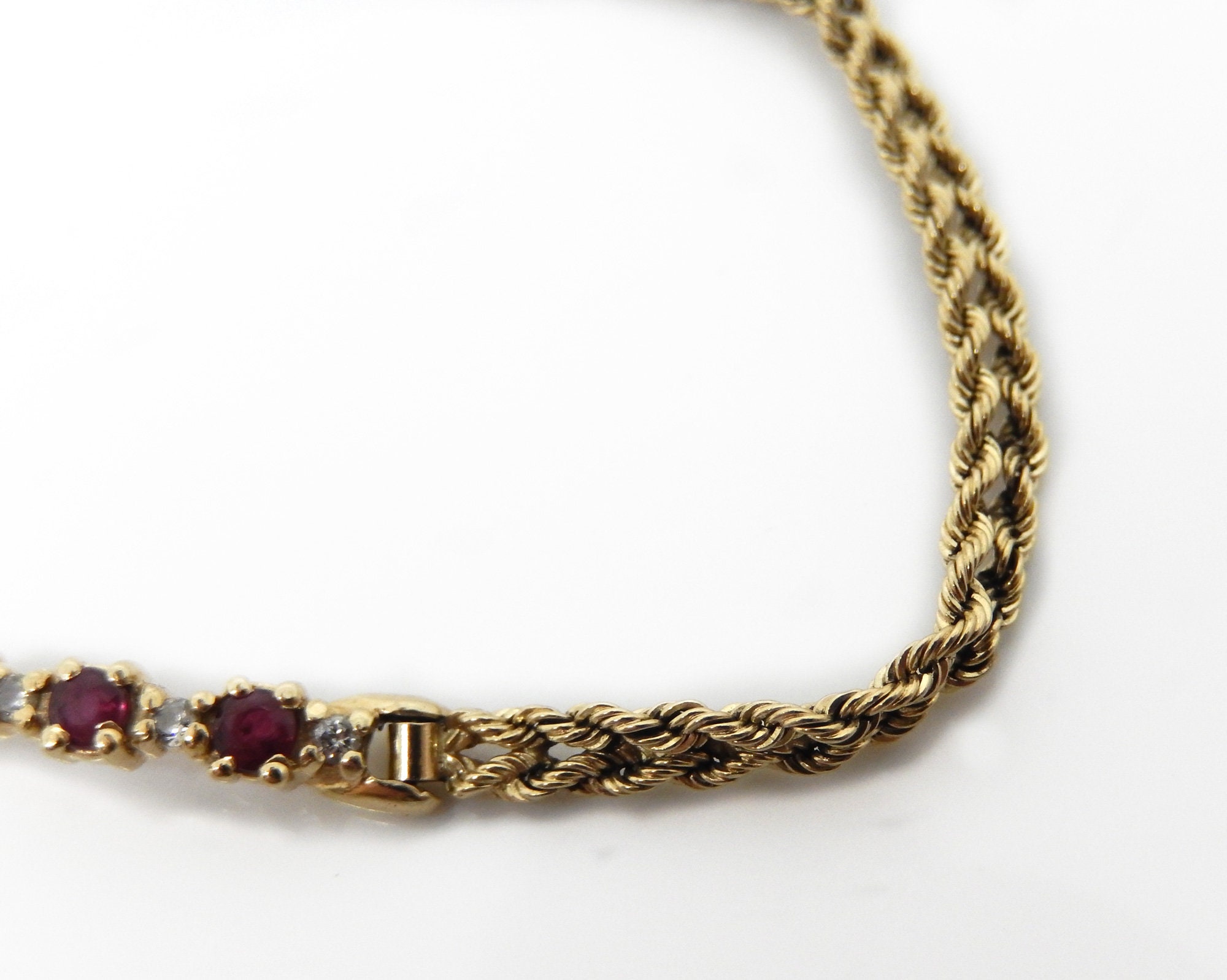 Vintage 14K Yellow Gold Ruby Diamond 7.5 Flat Foxtail Chain Bracelet X6538  