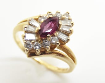 Vintage 14K Yellow Gold Marquise Ruby Diamond Cluster Bypass Ring, Size 6 1/4 - X9505