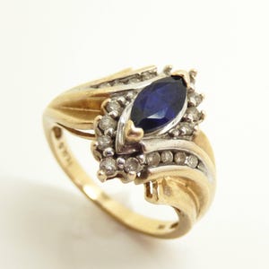 Vintage 10K Yellow Gold Marquise Sapphire Diamond Bypass Statement Ring, Size 7 1/4 - X9506