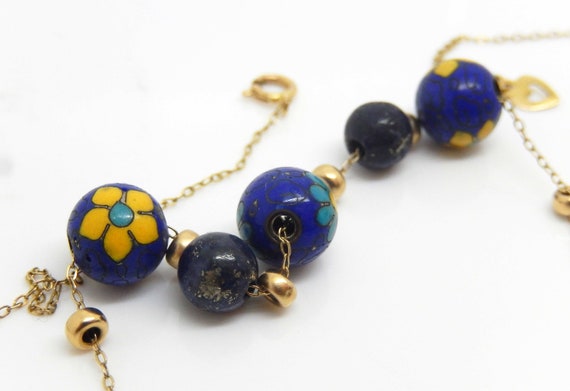 Vintage Yellow Gold Lapis Painted Bead Necklace -… - image 3