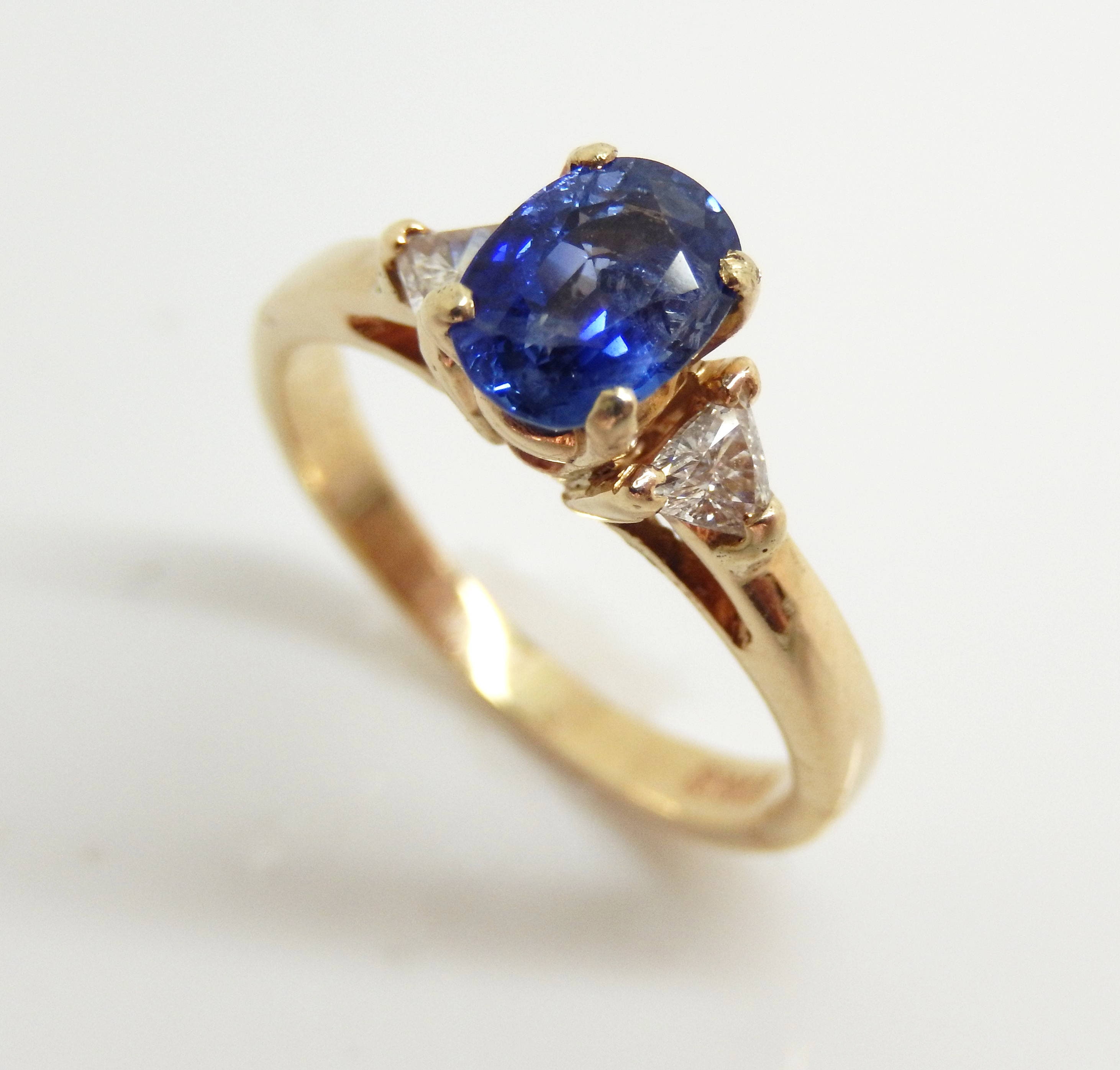 Vintage 14K Yellow Gold Trillion Cut Diamond Sapphire Ring | Etsy