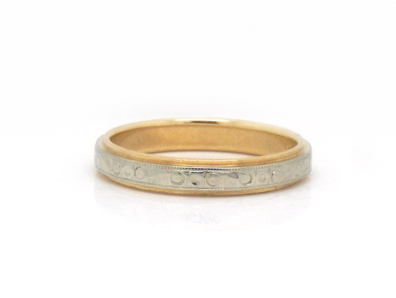 Thin Two Tone 14K Gold Vintage Band with Stamped … - image 1