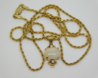 14K Yellow Gold Rope Chain With Oval Opal And Diamond Pendant 18" - X9139