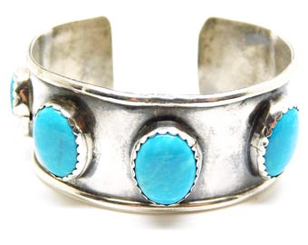 925 Sterling Silver Cuff Bracelet With Larimar Cabochons Size 7 1/4" - X9132