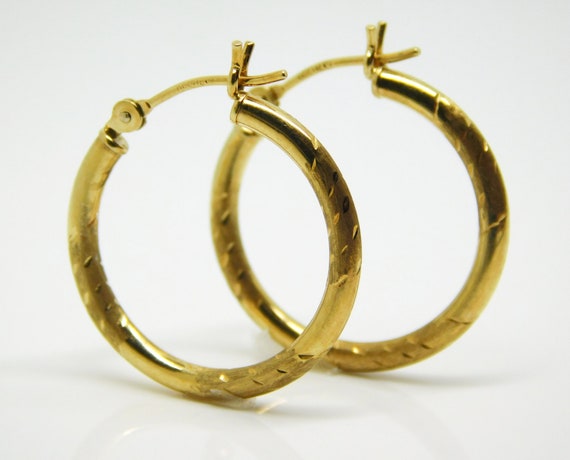 14K Yellow Gold Etched Textured Design Hoops - X6… - image 3