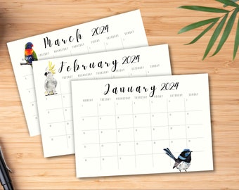 Printable 2024 monthly Calendar with Australian Animal Art.
