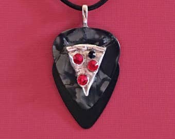 Silver & Black Metal Guitar Pick Pizza Pendants with Swarovski Crystals