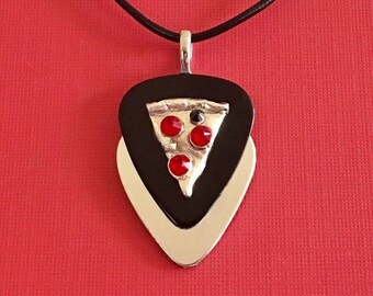 Black/Silver Guitar Pick Pizza Pendants with Swarovski Crystals