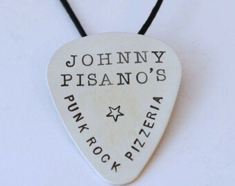 Handmade sterling silver engraved pick necklace with adjustable cord