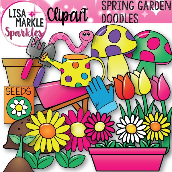 Spring Clipart Garden Mushroom Worm Spade Rake Dirt Wheelbarrow Pot Glove Seeds Flowers Illustrations Graphics