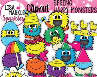 Spring Clipart, Monsters Clipart, Chicks Ducks Frog Clipart, Butterfly Bees Clipart, Honey Umbrella and Flower Clipart, Digital Graphics