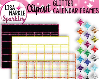 May include: Three printable calendar frames with glitter borders. The frames are black, white, and orange. The black frame has a pink glitter border, the white frame has a yellow glitter border, and the orange frame has a red glitter border. The frames are all the same size and have a grid pattern.