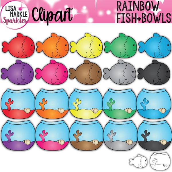 Fish Clipart, Fish Bowl Clipart, Rainbow Clipart. Pet Clipart