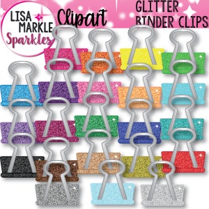May include: A set of 20 glitter binder clips in various colours, including red, blue, green, yellow, purple, pink, orange, silver, gold, and black. The clips are all the same size and shape, and they have a shiny, glittery finish.
