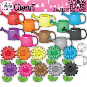 Regenbogen Clipart, Frühling Clipart, Blumen Clipart, Gießkanne Clipart, Garten Clipart, Gänseblümchen Clipart, Frühling Garten Clipart, Blumen Clipart