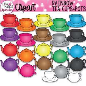 May include: Rainbow teacups and teapots clipart set. The set includes a variety of colors, including red, orange, yellow, green, blue, purple, brown, black, and white. The teacups and teapots are all outlined in black.