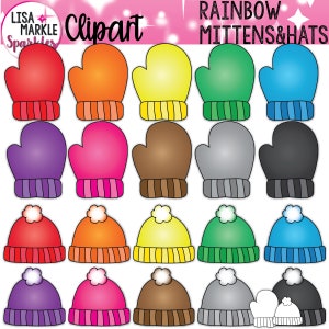 Clipart arc-en-ciel d'hiver, mitaines et chapeaux